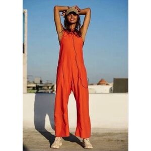 New Free People FP Movement Break Away Wide Leg Jumpsuit Orange XS